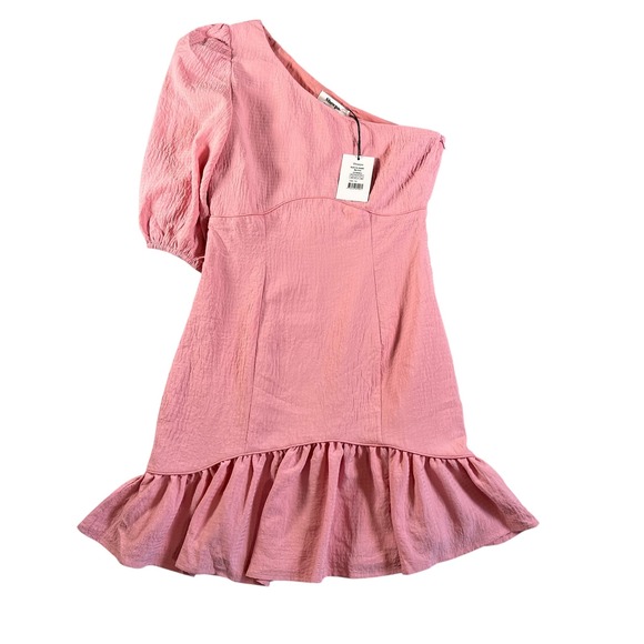 Showpo. Dresses & Skirts - Showpo NWT Razille One Shoulder Puff Sleeve Ruffle Hem Mini Dress Pink US 6